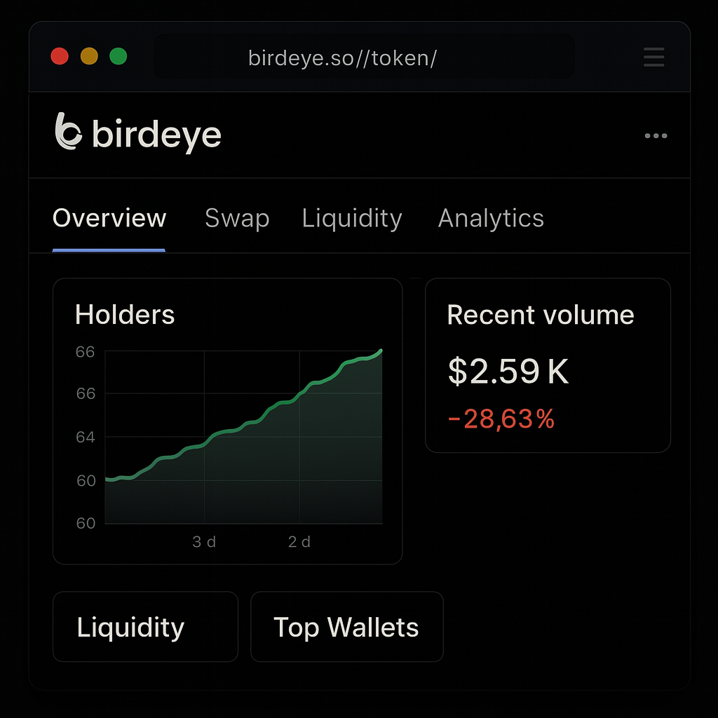 Birdeye screenshot with volume and top wallets highlighted