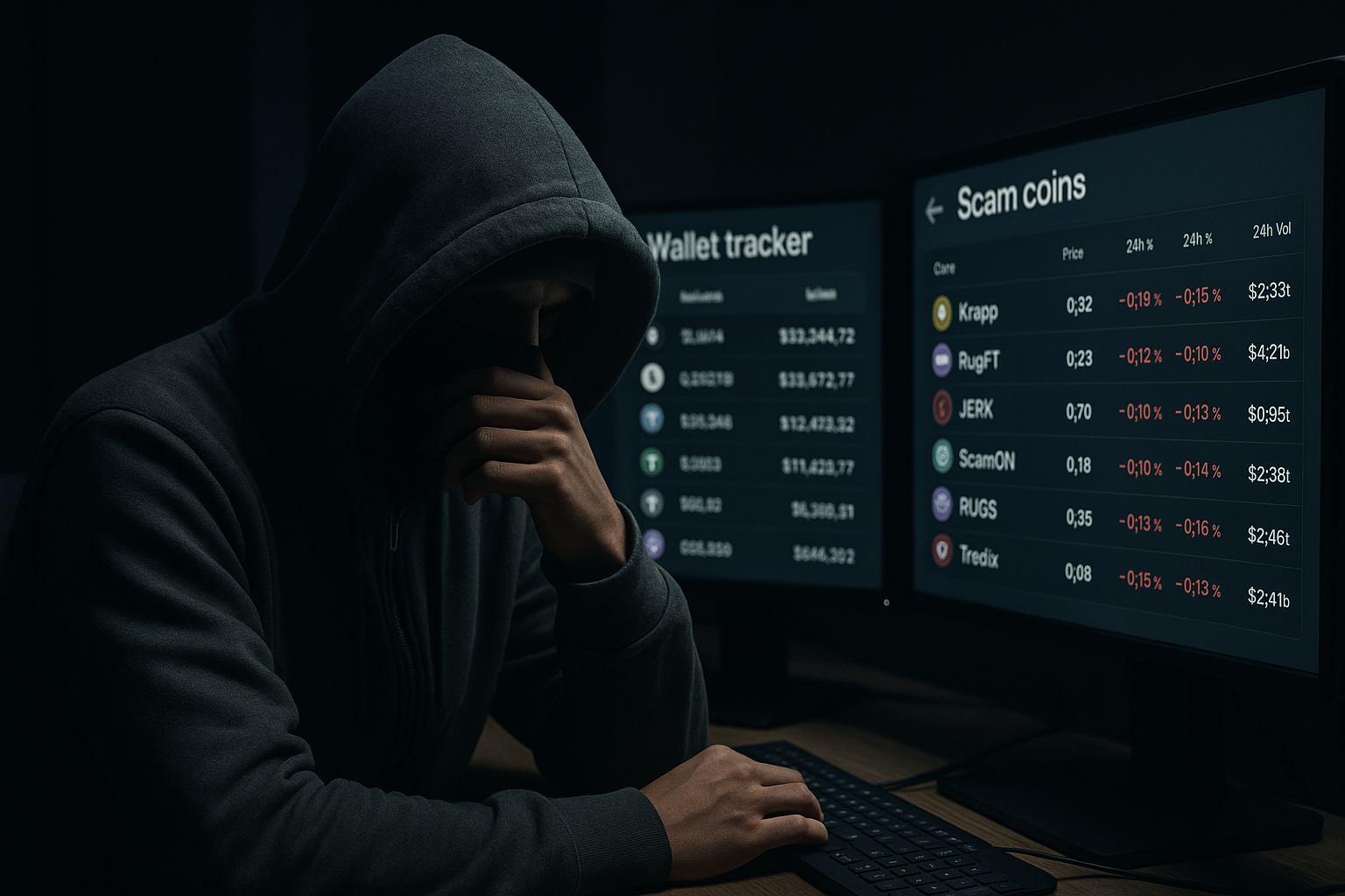Shady dev in hoodie with scam wallets and dark setup