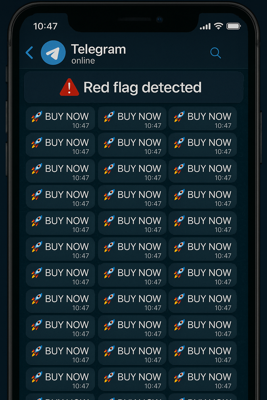 Spammy Telegram bot messages with red flags