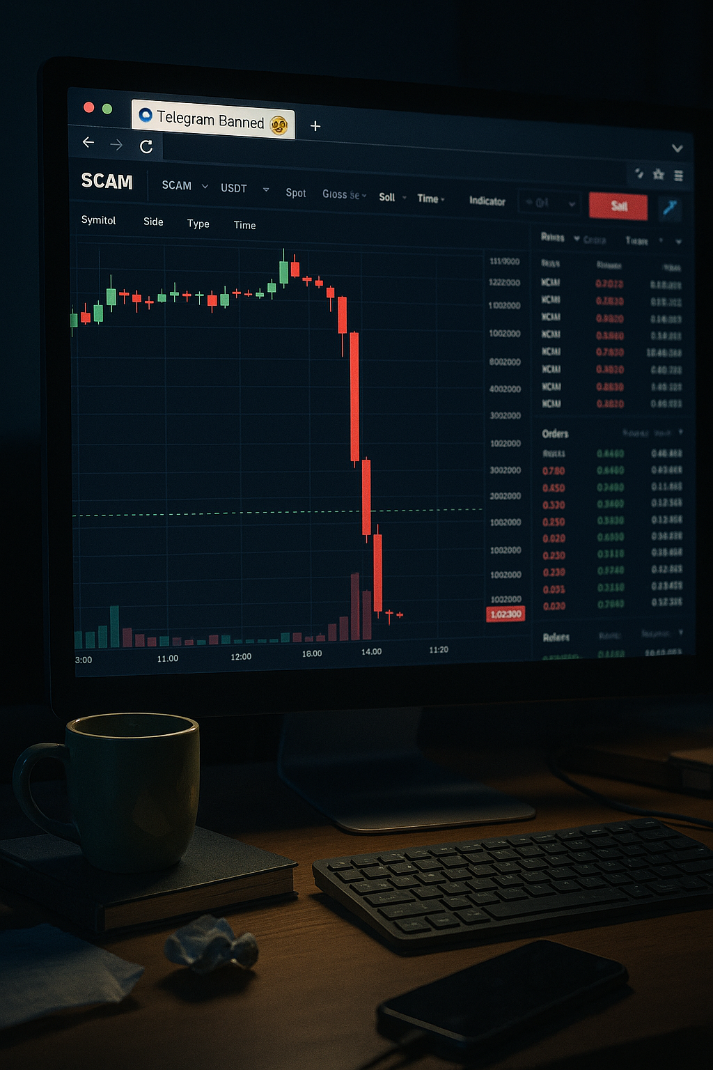 Scam coin chart dump with Telegram banned tab